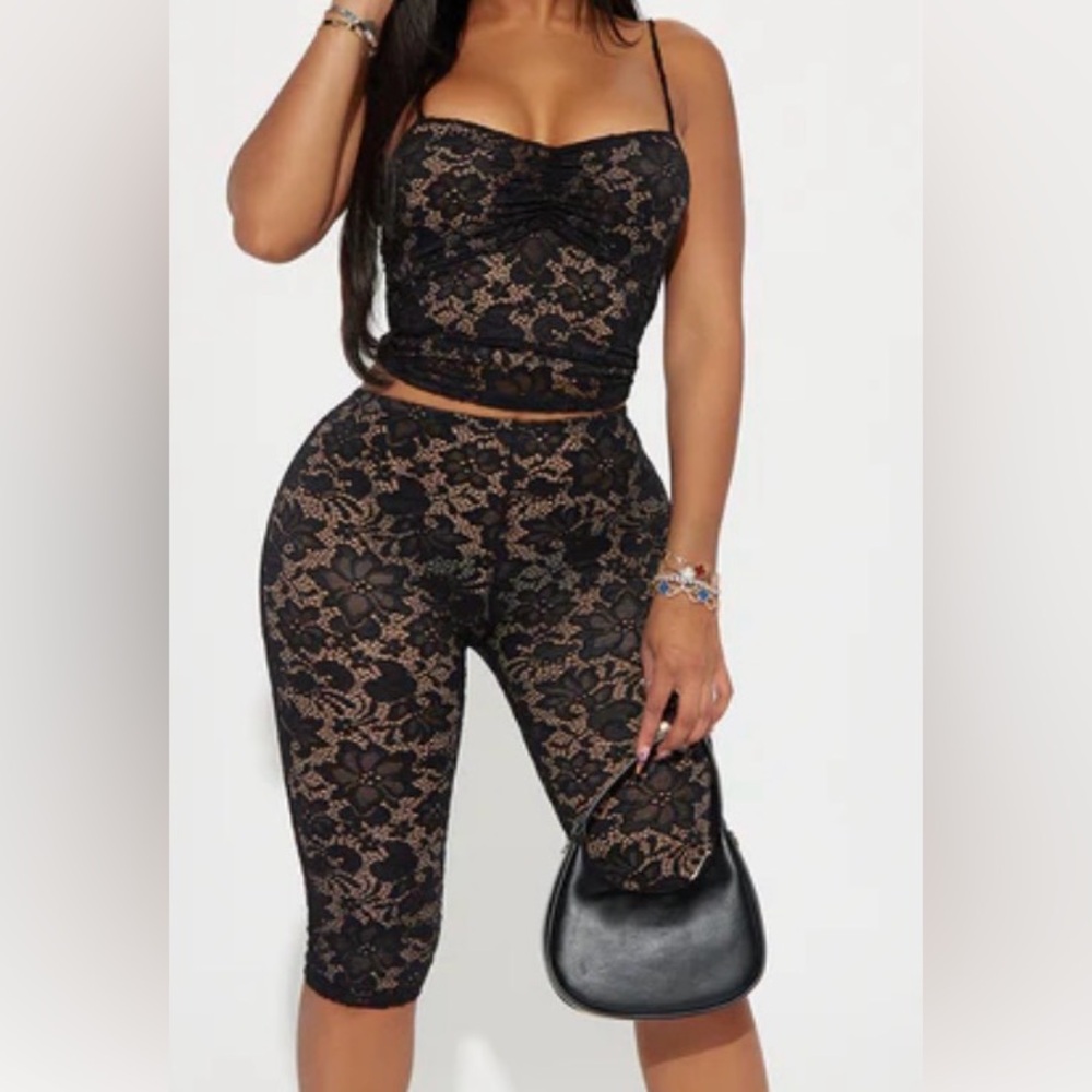 Fashion Nova Black Lace Crop Top & Capris Set with Nude Lining